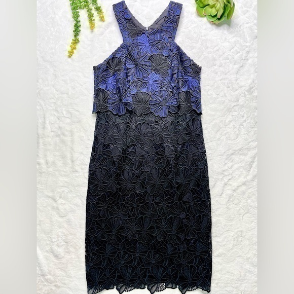 Trina Turk Miranda Blue Black Guipure Lace Sheath Cocktail Dress Womens 4